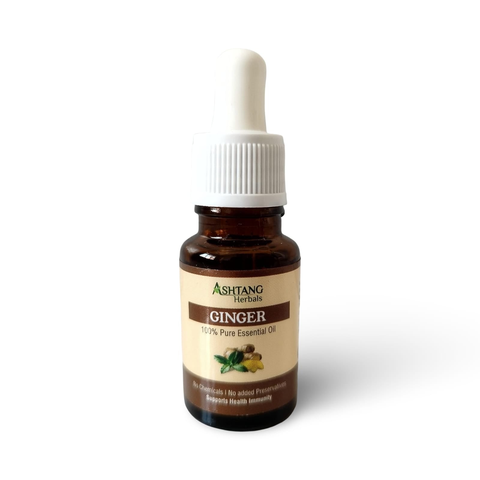 Bottle of Ashtang Herbals Ginger essential oil on a white background